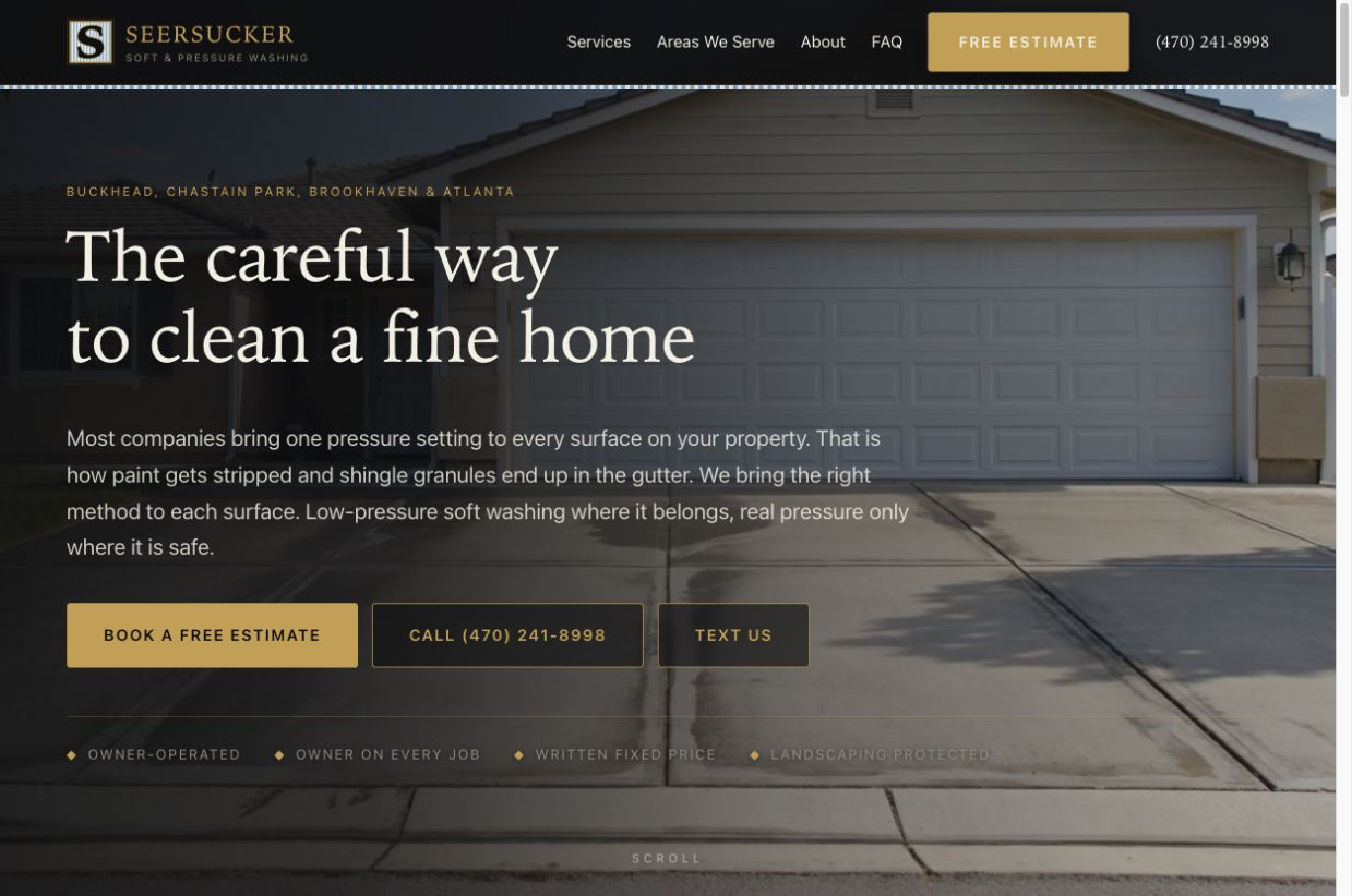 Seersucker Pressure Washing website, with its cream and gold design and outdoor cleaning imagery